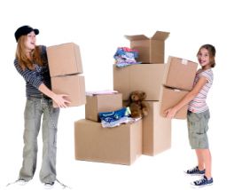 children moving boxes and belongings